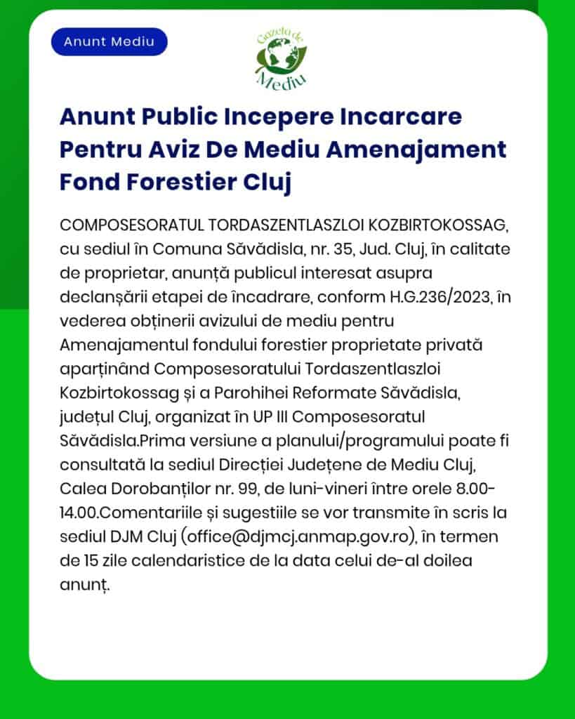 Anunt Public Incepere Incarcare Pentru Aviz De Mediu Amenajament Fond