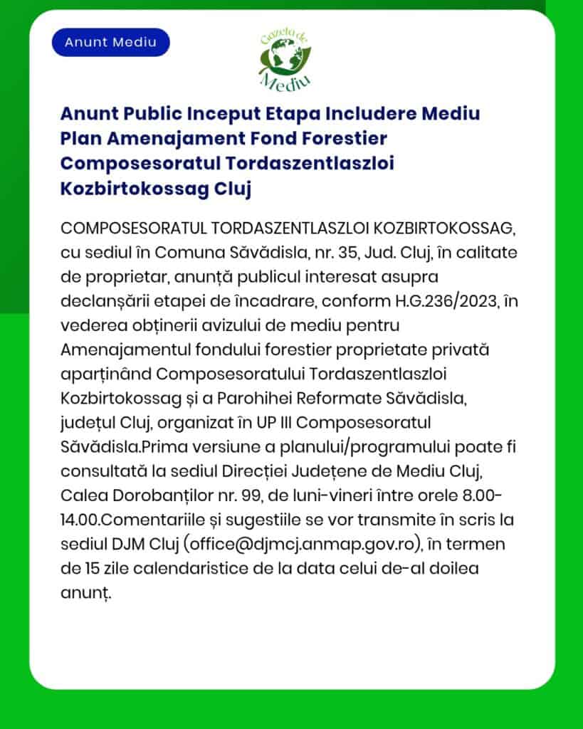 Anunt Public Inceput Etapa Includere Mediu Plan Amenajament Fond Fores