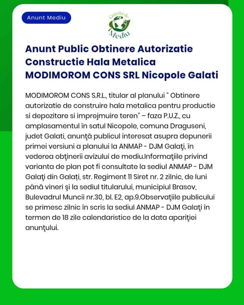 Anunt Public Obtinere Autorizatie Constructie Hala Metalica MODIMOROM