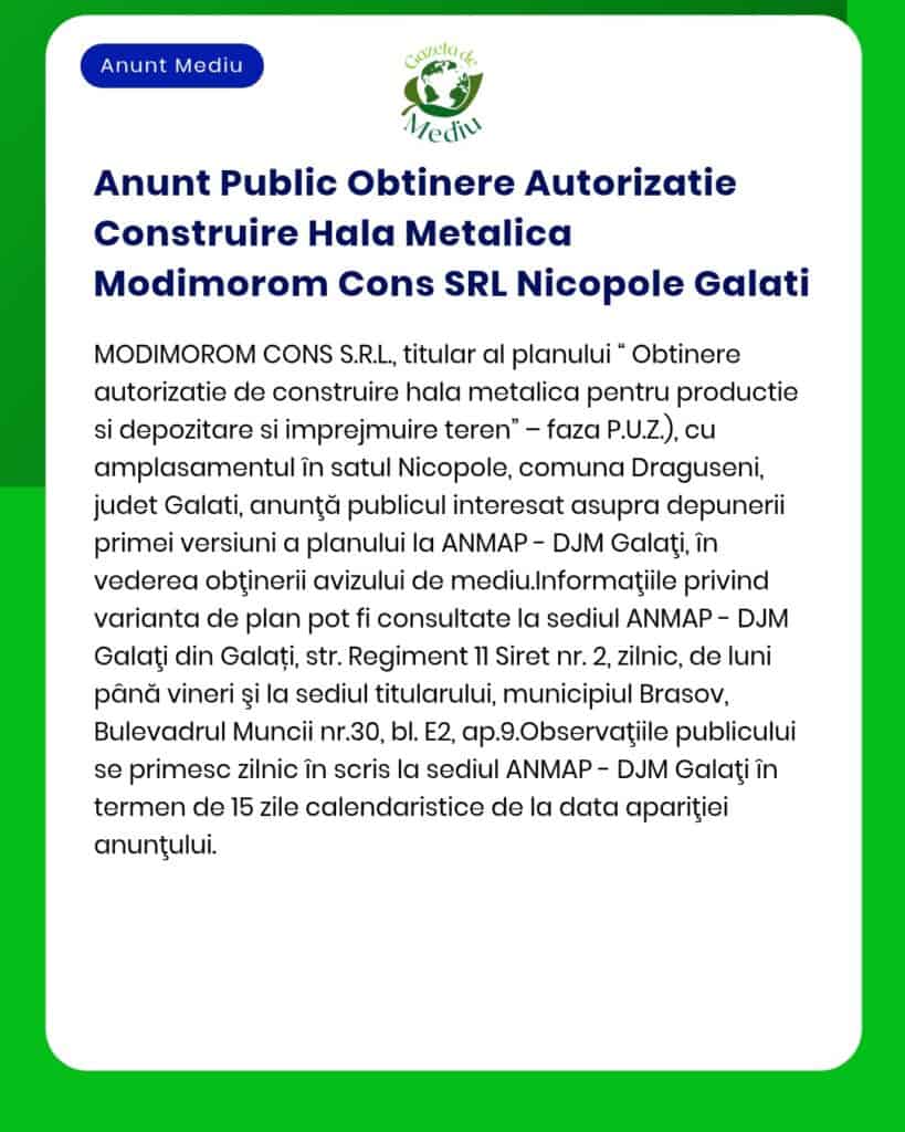 Anunt Public Obtinere Autorizatie Construire Hala Metalica Modimorom C
