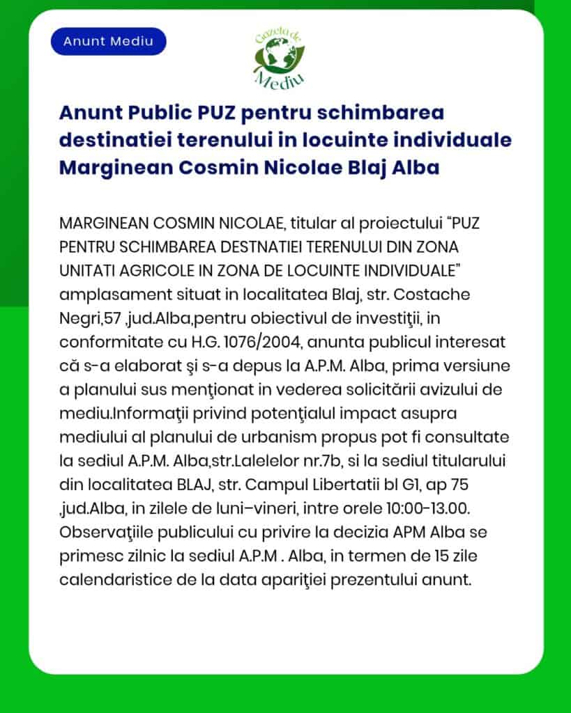 Anunt Public PUZ pentru schimbarea destinatiei terenului in locuinte i