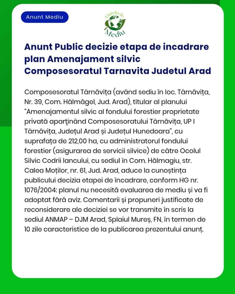 Anunt Public decizie etapa de incadrare plan Amenajament silvic Compos