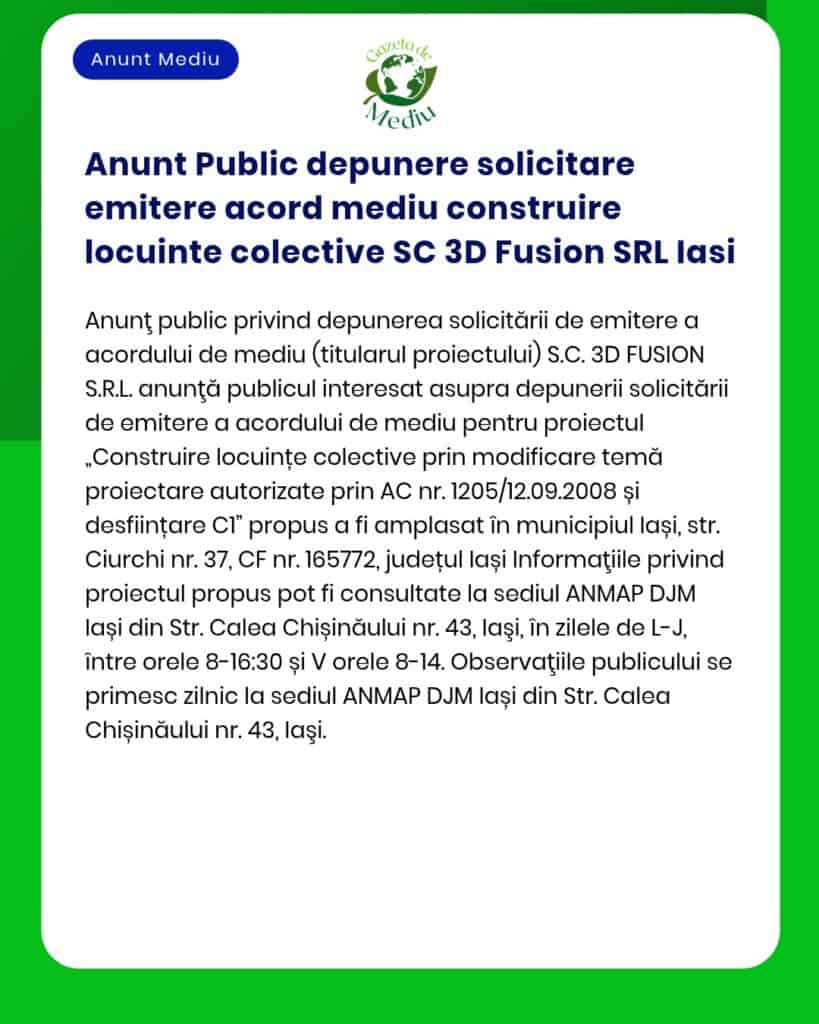 Anunt Public depunere solicitare emitere acord mediu construire locuin