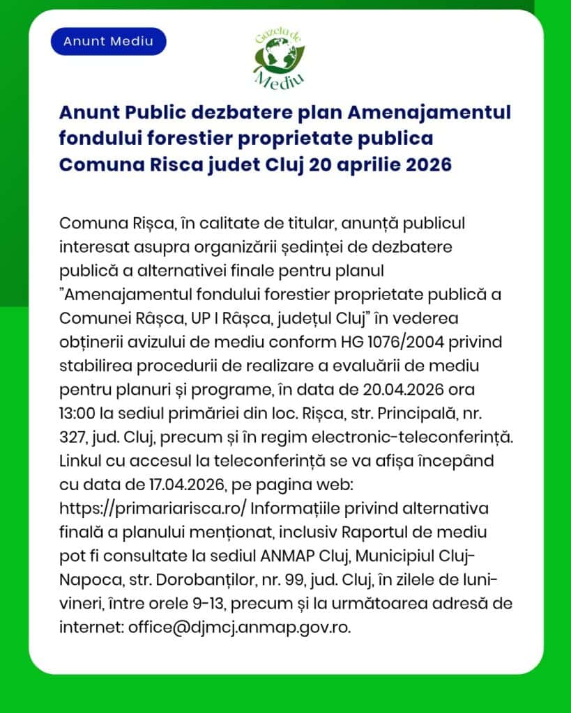 Anunt Public dezbatere plan Amenajamentul fondului forestier proprieta