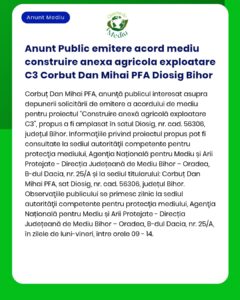Anunt Public emitere acord mediu construire anexa agricola exploatare