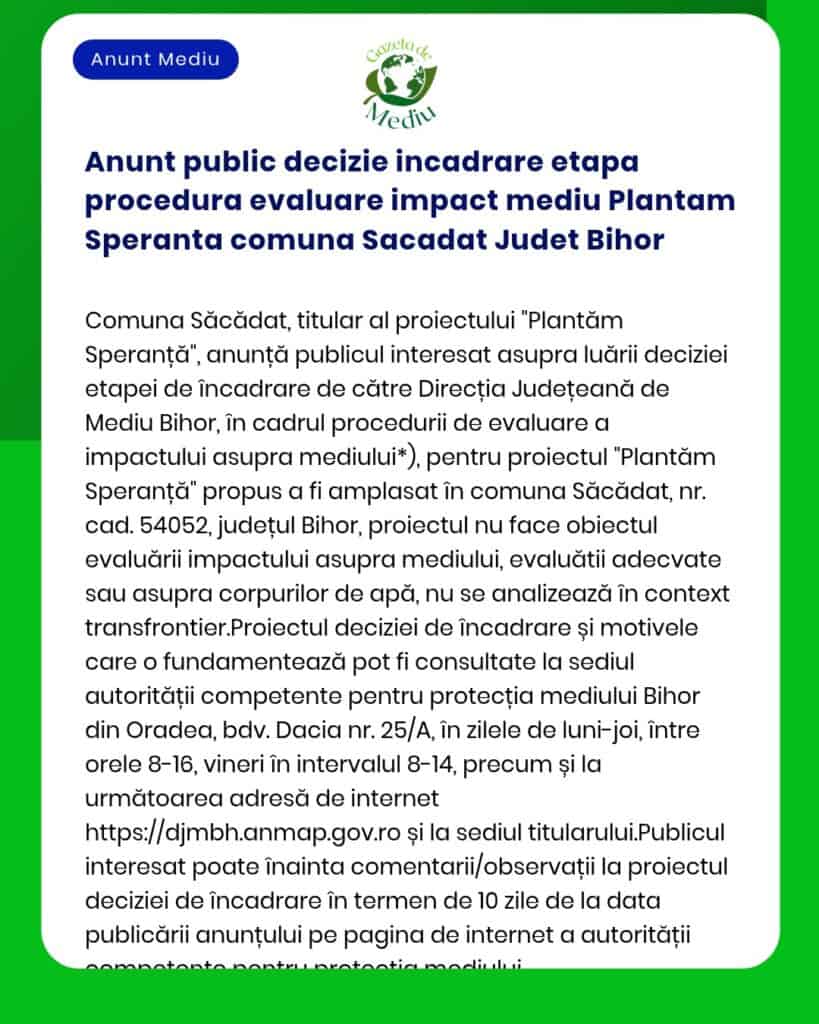 Anunt public decizie incadrare etapa procedura evaluare impact mediu P