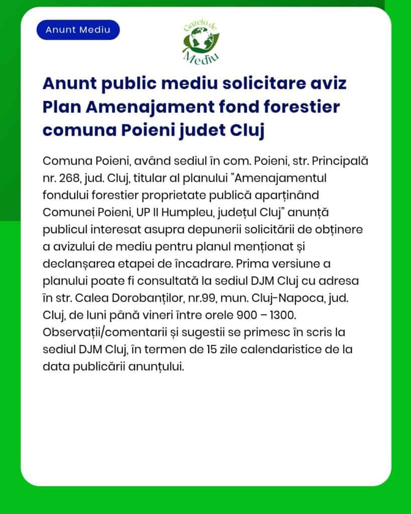 Anunt public mediu solicitare aviz Plan Amenajament fond forestier com