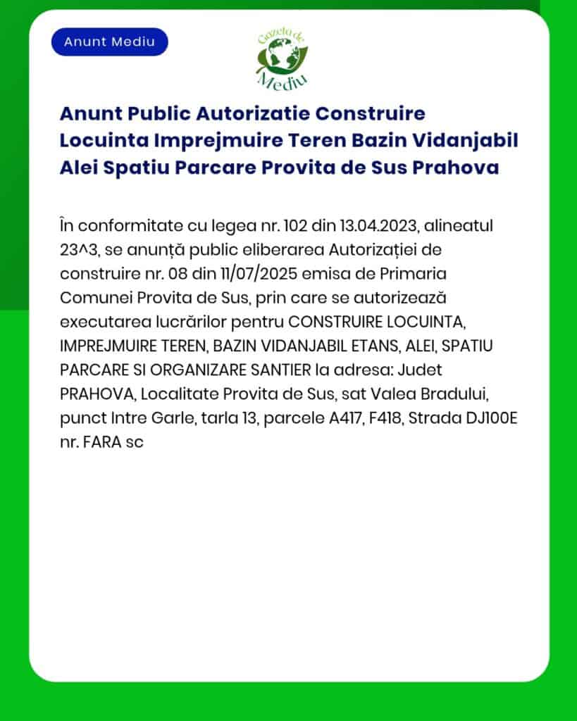 Anunt Public Autorizatie Construire Locuinta Imprejmuire Teren Bazin V