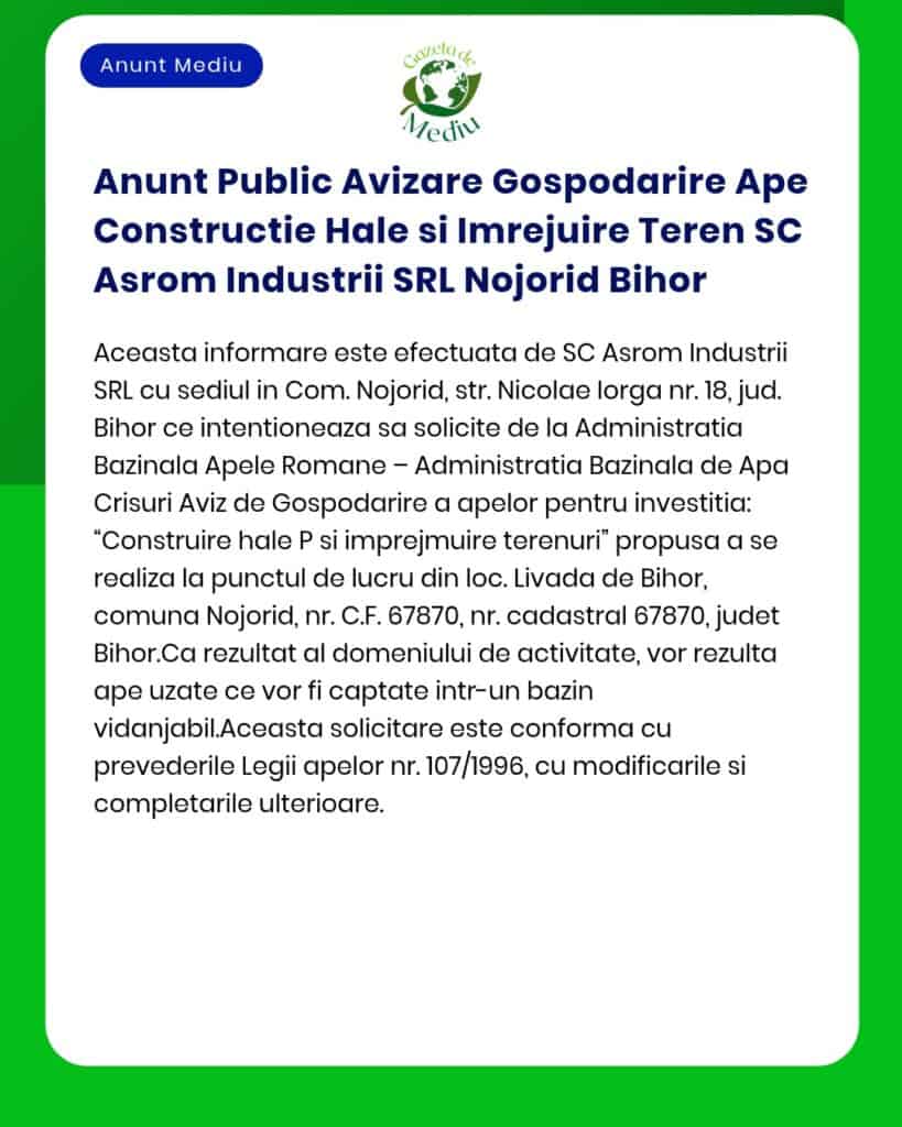 Anunt Public Avizare Gospodarire Ape Constructie Hale si Imrejuire Ter