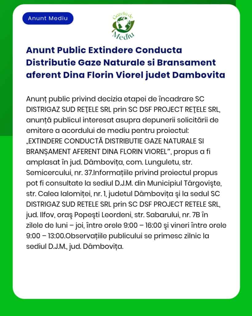 Anunt Public Extindere Conducta Distributie Gaze Naturale si Bransamen