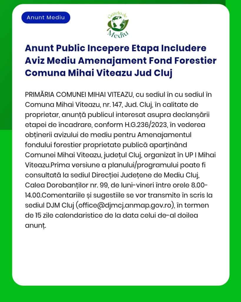 Anunt Public Incepere Etapa Includere Aviz Mediu Amenajament Fond Fore