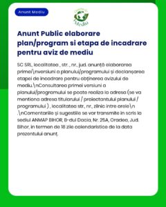 Anunț privind etapa de elaborare a unui plan sau program și evaluarea de mediu realizată de APM.