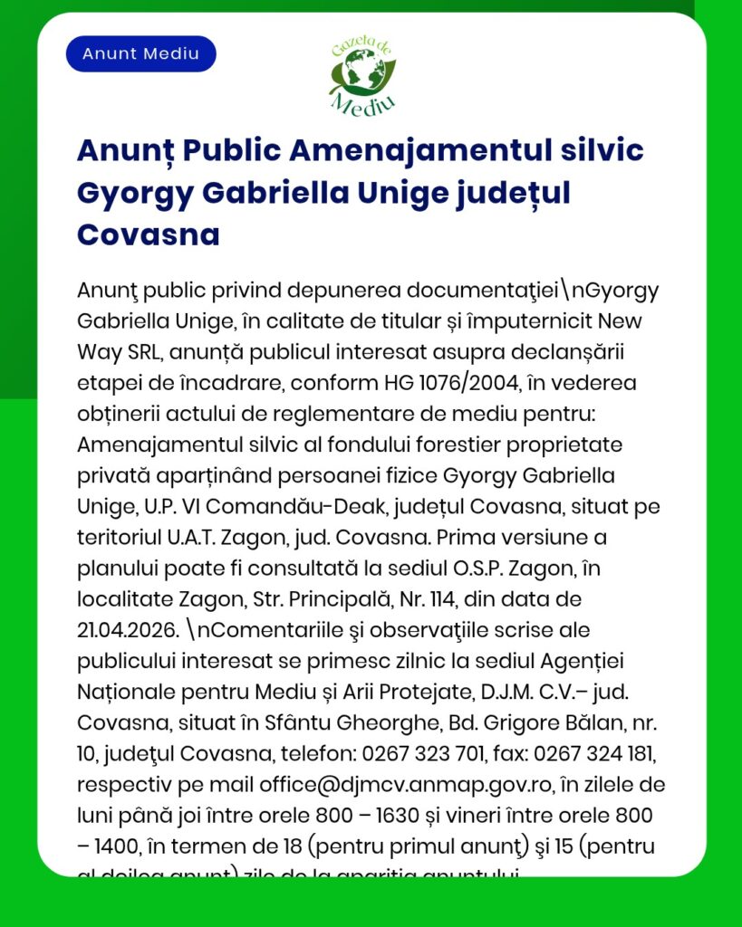 Anunț privind contractul de închiriere a pădurii al Gyorgy Gabriella Unige în județul Covasna, cu referințe legale relevante.