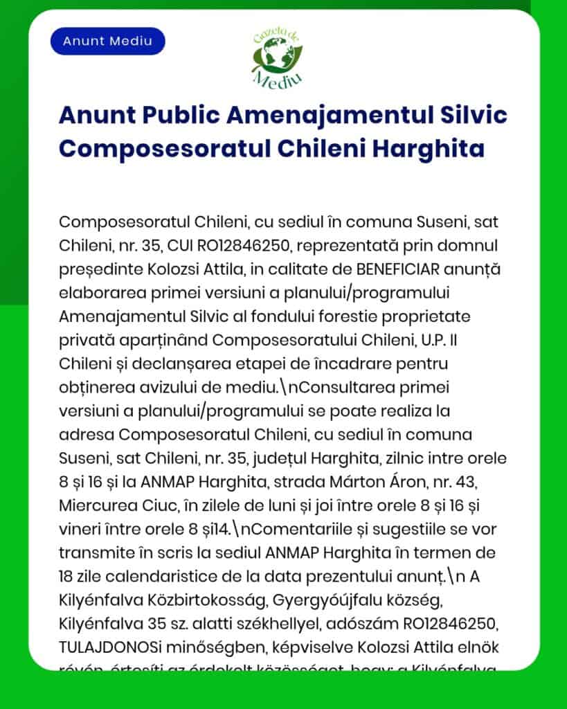 Amenajamentul Silvic Compososesoratul Chileni Harghita, proiect forestier din România, cu detalii despre etape și reglementări.