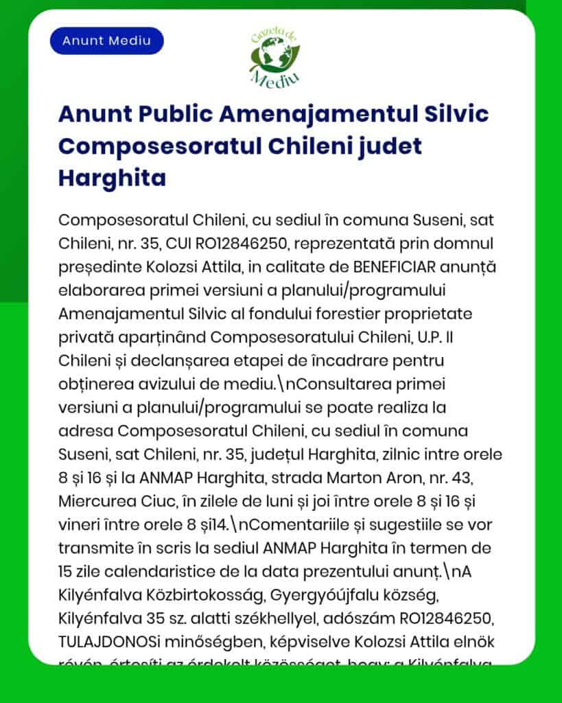 Anunț despre planurile de gestionare a pădurilor în județul Harghita de către Composesoratul Chileni.