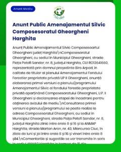 Anunț privind planul de management al Ocolului Silvic Gheorgheni, text oficial și antet cu tematică natură.