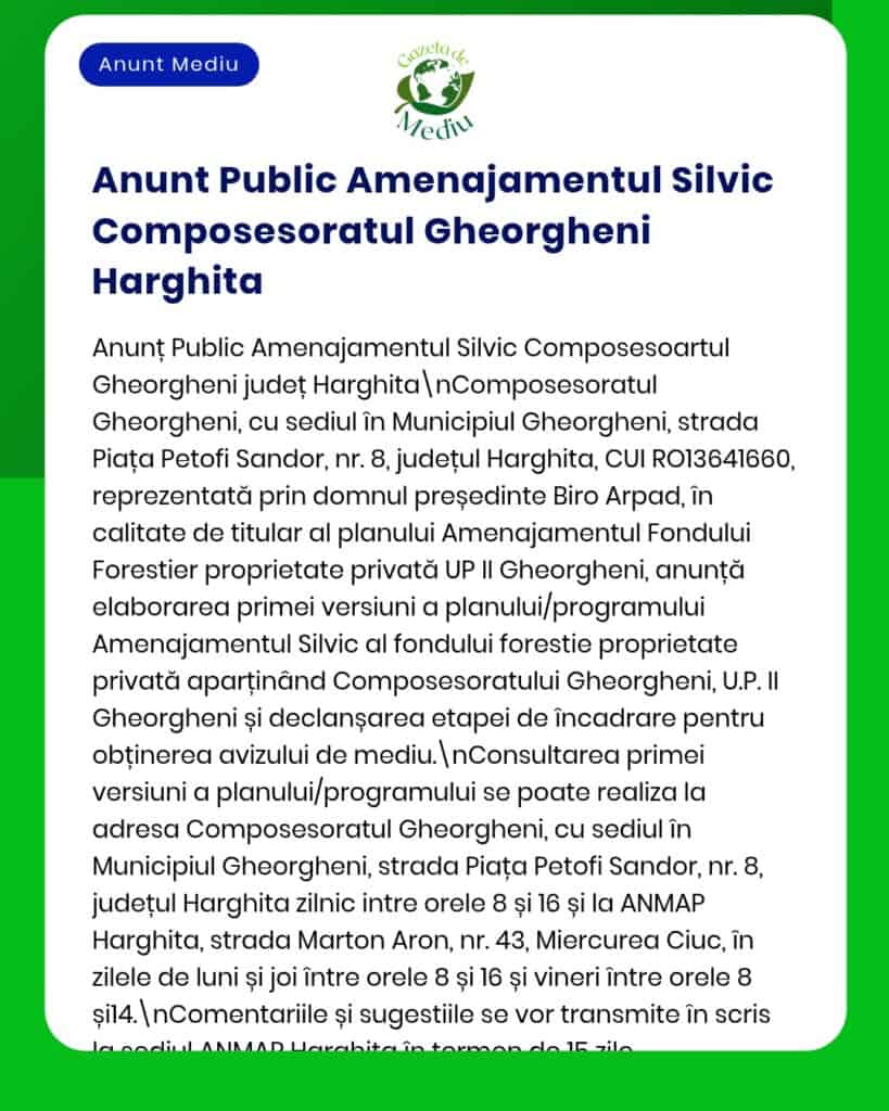 Anunț privind planul de management al Ocolului Silvic Gheorgheni, text oficial și antet cu tematică natură.
