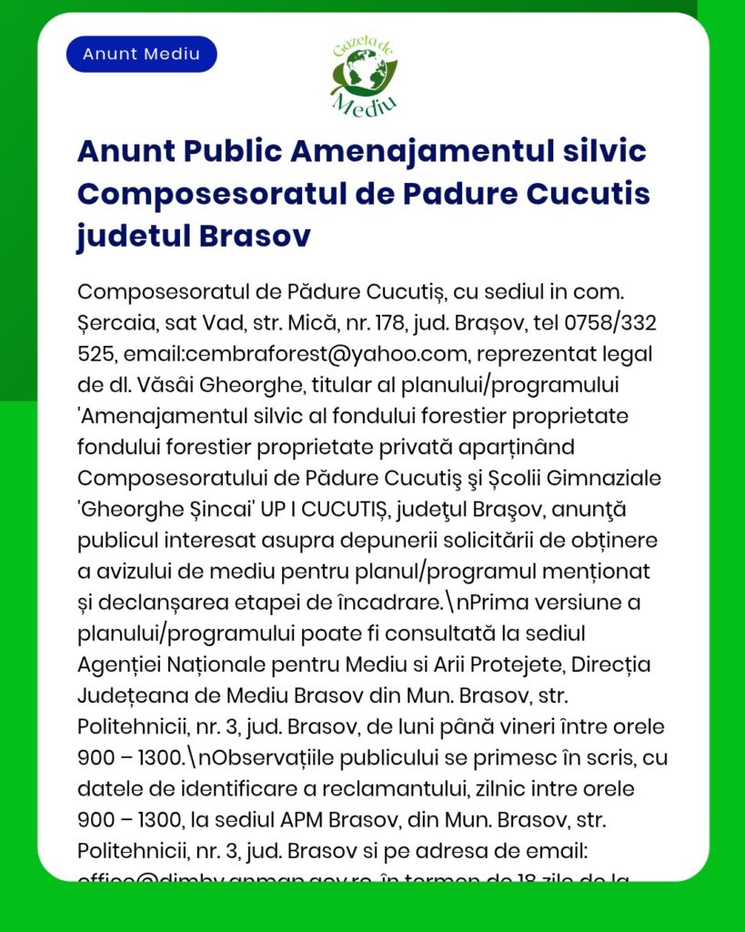 Plan de management forestier pentru Pădure Cucutis, județul Brașov.