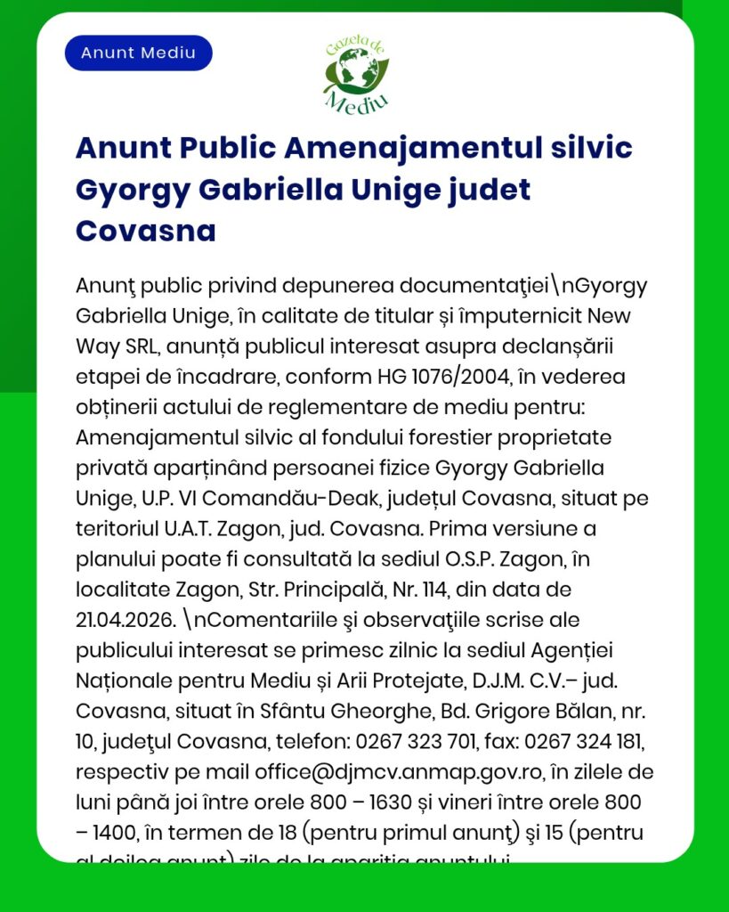 Reglementare fond forestier pentru Gyorgy Gabriella Unige în Covasna, cu referințe la actul legal și localitățile afectate.