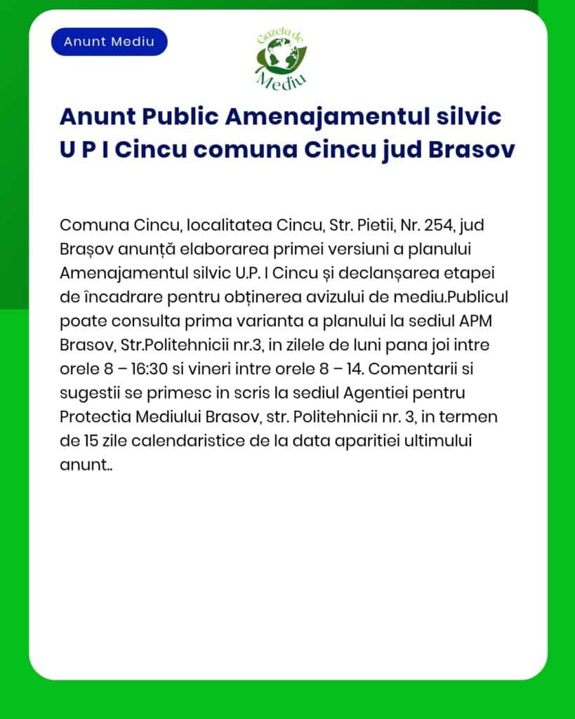 Plan de amenajare peisagistică în Cincu, Brașov, anunțat la APM Brașov.