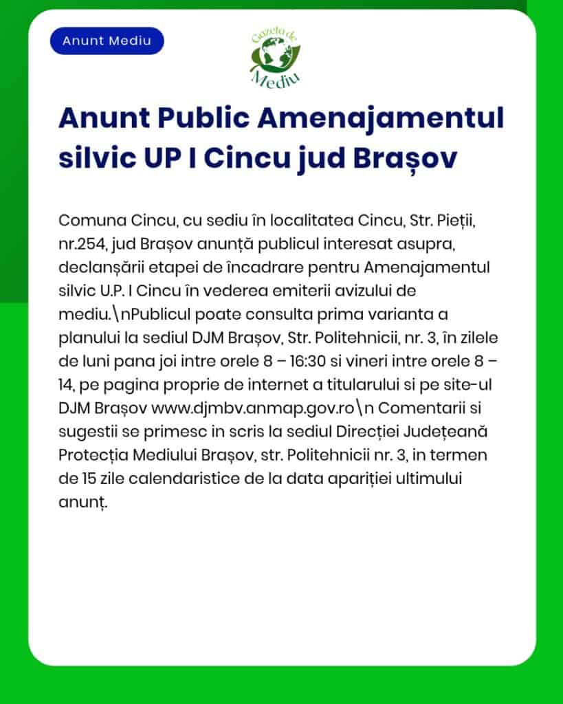 Anunț privind audierea publică pentru managementul forestier în Cincu, Brașov, cu data și locații pentru consultare.