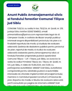 Anunț privind consultarea forestieră pentru comuna Tilișca, județul Sibiu.