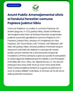 Anunț privind fondul forestier din Poplaca, Sibiu, cu detalii despre procedura de solicitare a aprobării.