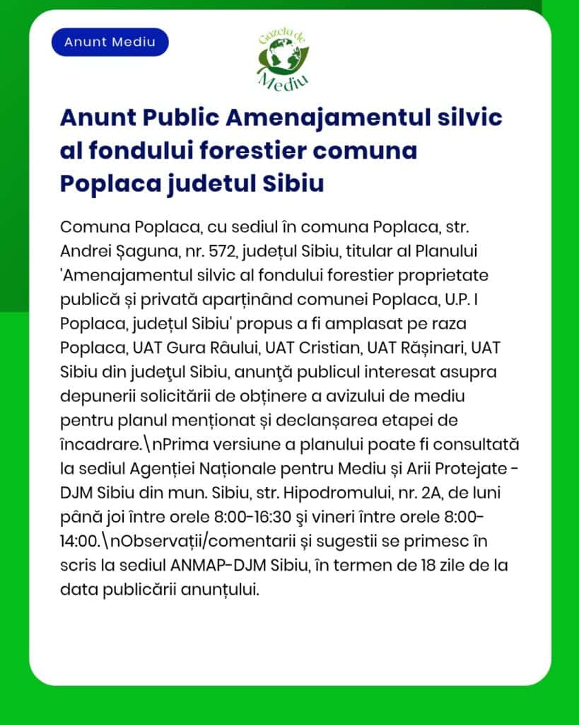 Anunț privind fondul forestier din Poplaca, Sibiu, cu detalii despre procedura de solicitare a aprobării.