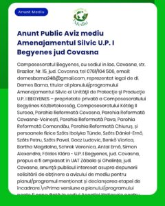 Anunț privind amenajarea unei unități silvice în Covasna, România, cu detalii despre proiect și organizațiile afiliate.