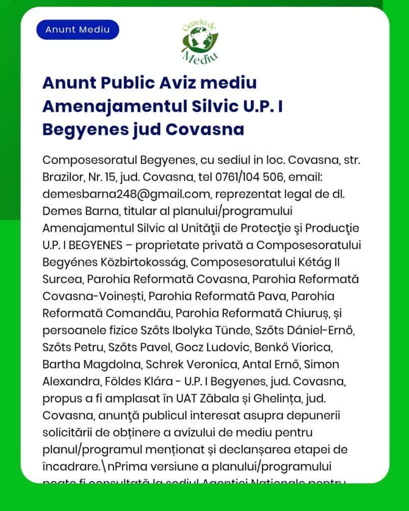 Anunț de mediu privind managementul forestier în Covasna, cu părțile implicate.
