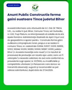 Anunț privind proiectul viitoarei ferme avicole din Tinăud, Bihor, cu detalii proiect și număr cadastral.