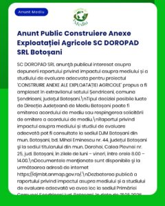 SC DOROPAD SRL anunță construire anexe agricole în Săndreni, Botoșani, cu detalii despre raportul de impact asupra mediului.