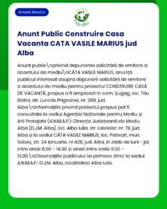 Anunț privind un proiect de casă de vacanță în județul Alba, cu detalii oferite de APM.