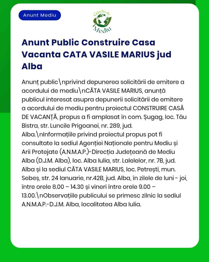 Anunț privind un proiect de casă de vacanță în județul Alba, cu detalii oferite de APM.