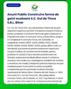 Anunț despre construirea unei ferme de prepelițe de S.C. Oul de Tinca S.R.L. în Tinca, Bihor, cu detalii despre procedură.