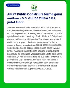 Anunț construire fermă de pui în Tinca, Bihor, S.C. OUL DE TINCA S.R.L., nr. cadastral și info avizare proiect, 27.04.2026.