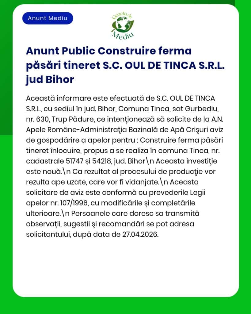 Anunț despre planul S.C. OUL DE TINCA S.R.L. de a construi o fermă păsări tinere în Tinca, Bihor și solicitarea aviz apă.