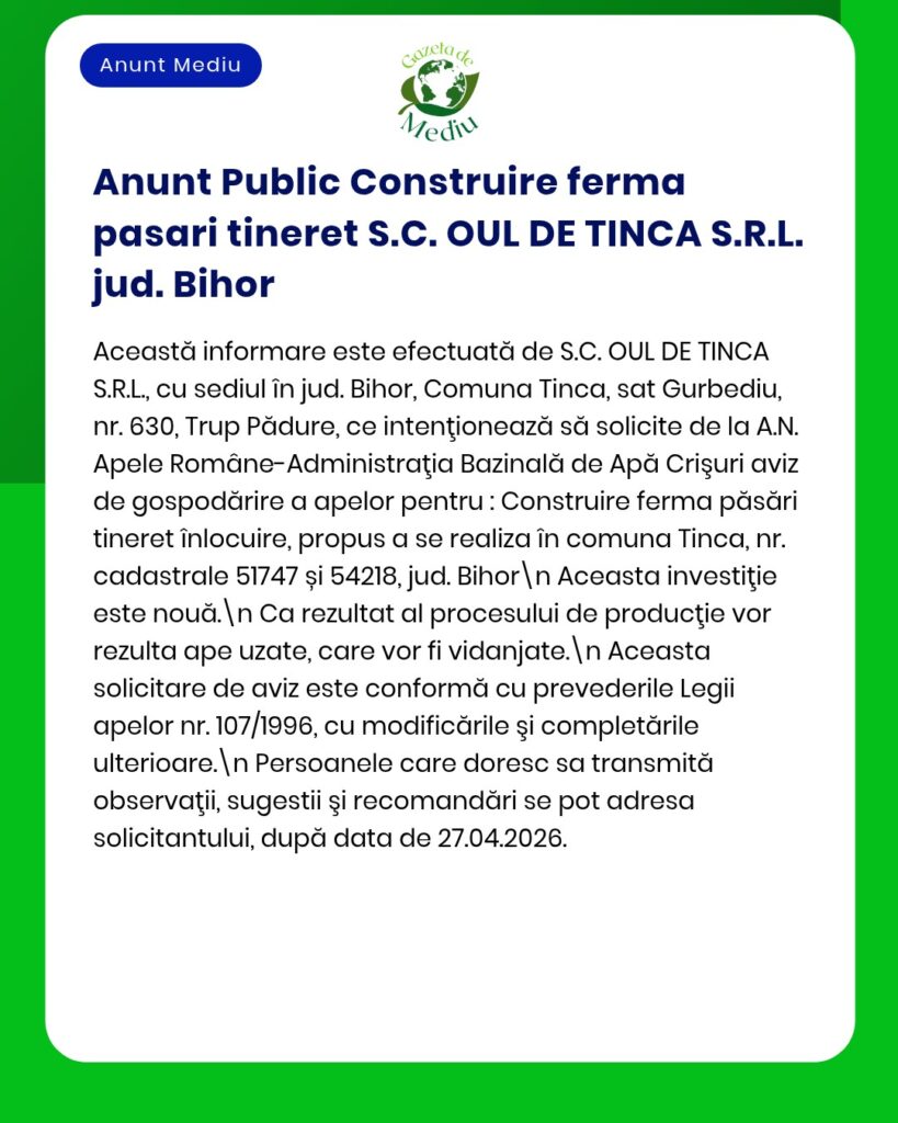 S.C. OUL DE TINCA S.R.L. solicită construire fermă de păsări ouătoare în Tinca, județul Bihor; detalii proiect disponibile.