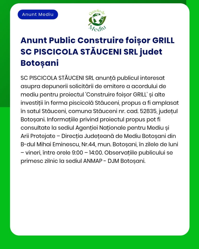 Proiect pentru construcția unui foișor grătar în Stăuceni, Botoșani, cu detalii despre proiect.