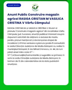Anunț privind notificarea construirii unui depozit agricol și evaluarea impactului de mediu conform procedurii APM.