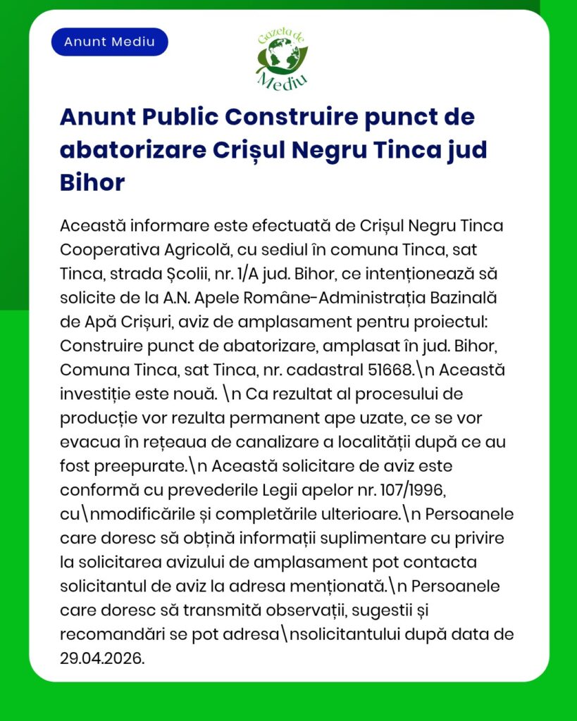 Anunț despre construirea unui abator la Tinca, Bihor de către Cooperativa Crișul Negru Tinca, cu detalii despre proiect.