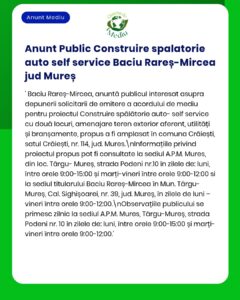Anunț privind construirea unei spălătorii auto self-service în Baciu Rareș-Mircea, județul Mureș, cu detalii proiect.