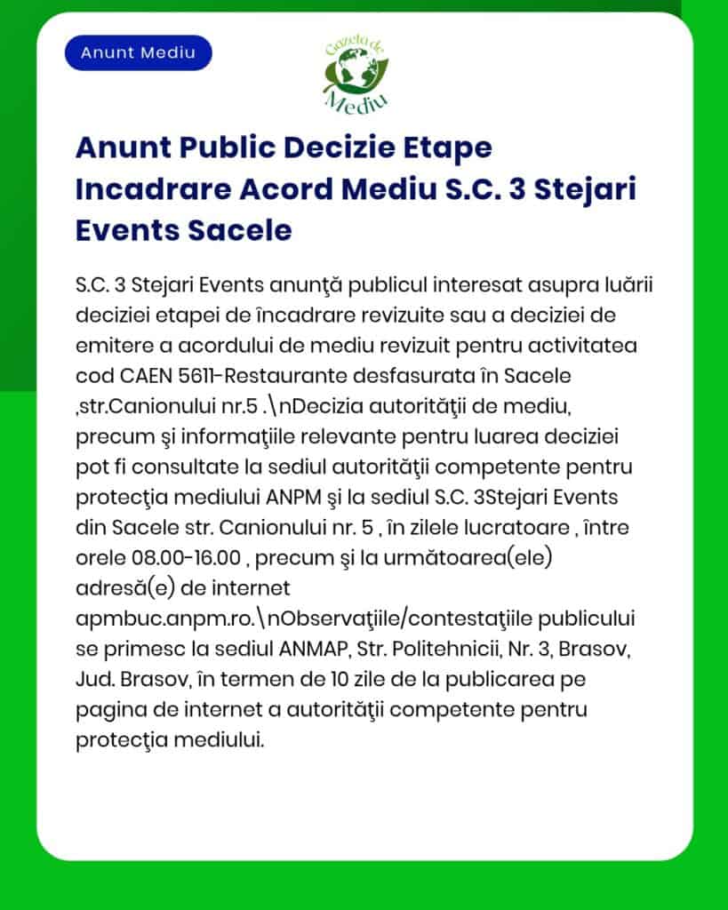 Anunț privind etapa de decizie publică în revizuirea acordului de mediu pentru S.C. 3 Stejari Events din Sacele.