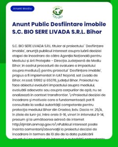 Evaluare de mediu pentru proiect imobiliar realizat de S.C. BIO SERE LIVADA S.R.L. Bihor, județul Bihor.