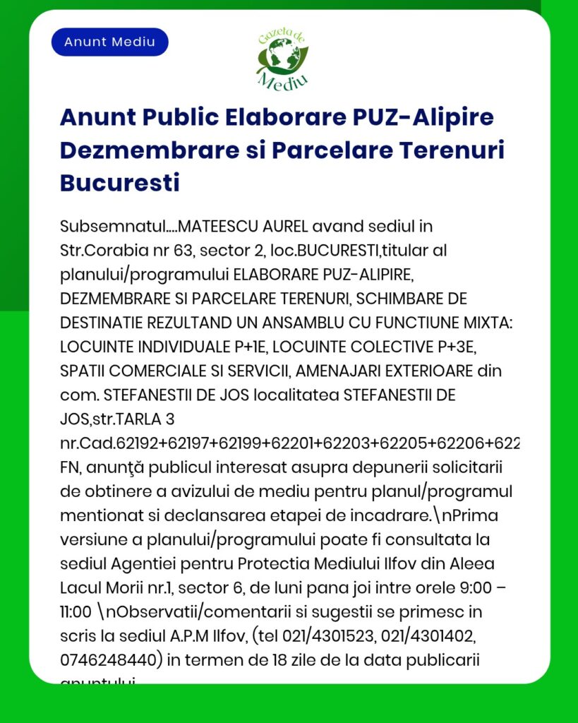 Anunț privind elaborarea proiectului PUZ-Alipire pentru terenuri din București, cu locația și părțile implicate.