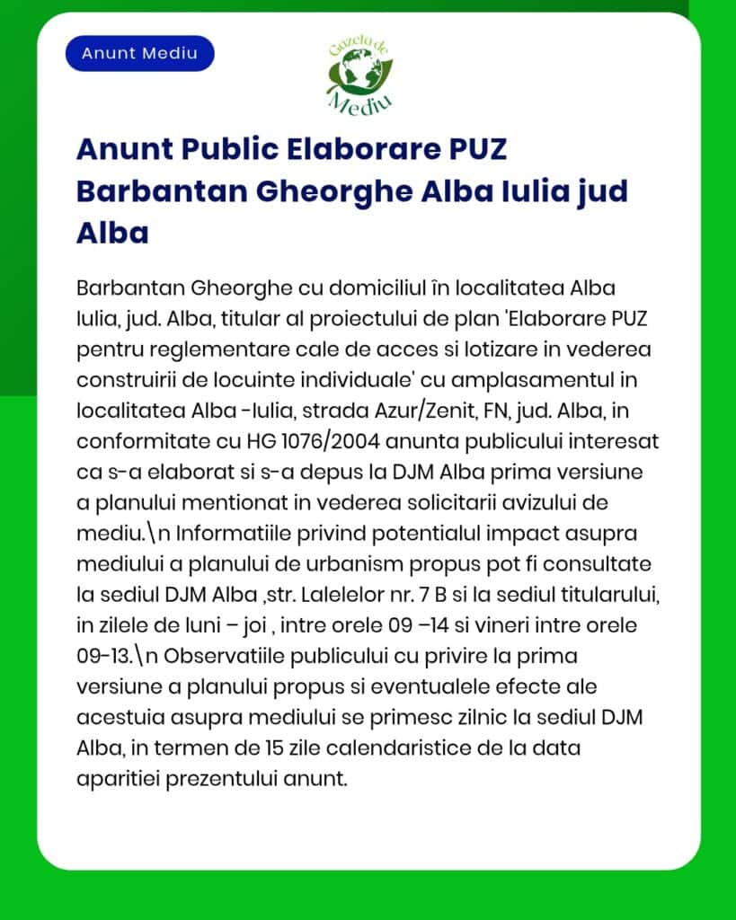Anunț despre proiectul de plan urbanistic zonal pentru Alba Iulia, redactat în limba română.