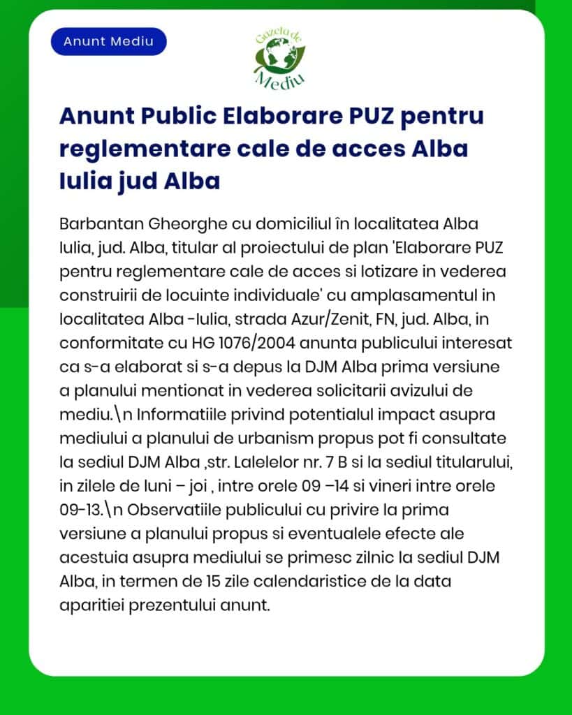Anunț informativ privind documentația de urbanism pentru un proiect de construcție în Alba Iulia, județul Alba.