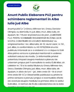 Anunț privind elaborarea PUZ pentru locuințe individuale în Alba Iulia, județul Alba.
