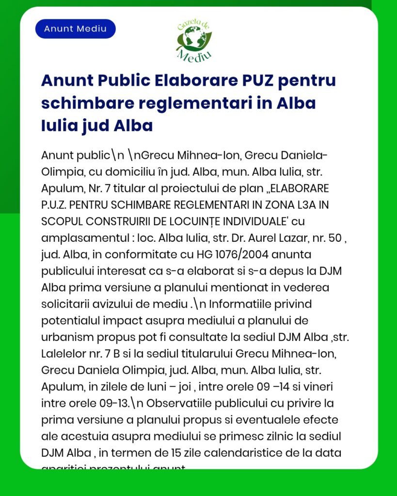Anunț privind elaborarea PUZ pentru locuințe individuale în Alba Iulia, județul Alba.