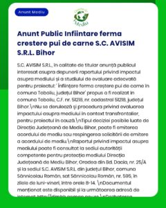 S.C. AVISIM S.R.L. anunță înființarea unei ferme de carne în Toboliu, Bihor, și informații despre evaluarea de mediu.